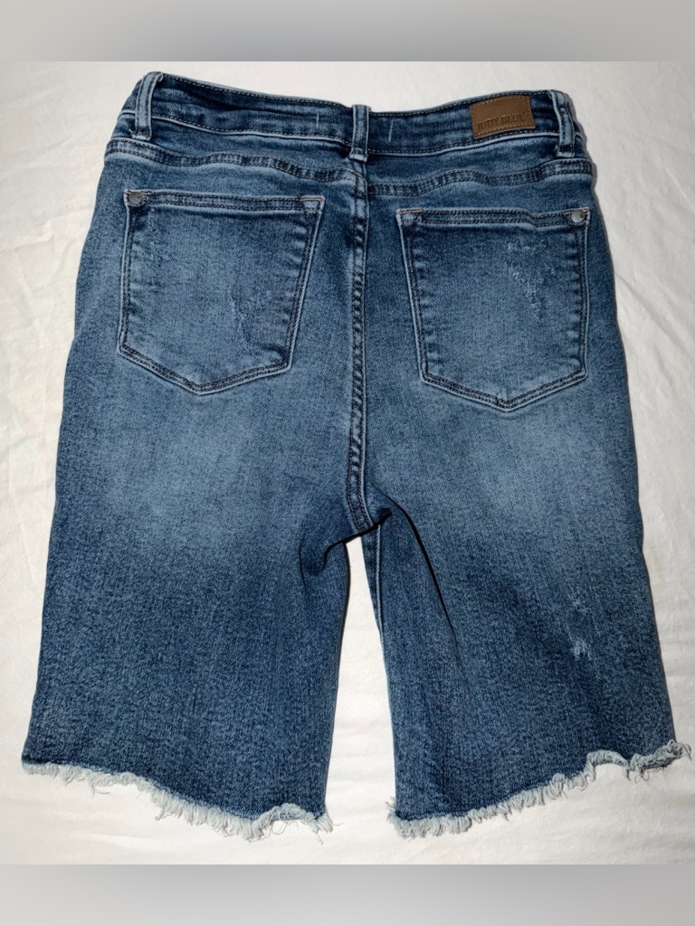 Judy Blue Medium Blue Distressed Bermuda Denim Shorts - Picture 4 of 12